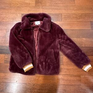 J.O.A fluffy burgundy bomber jacket in size xs